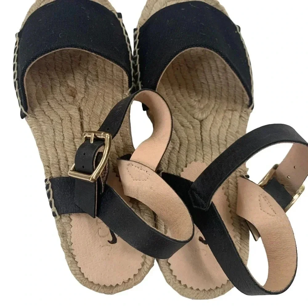J. Crew Leather and Canvas Made in Spain ankle strap espadrille Black Size 5 NWT